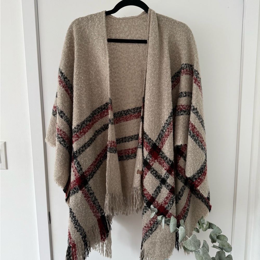 Roots Plaid Fringe Open Poncho